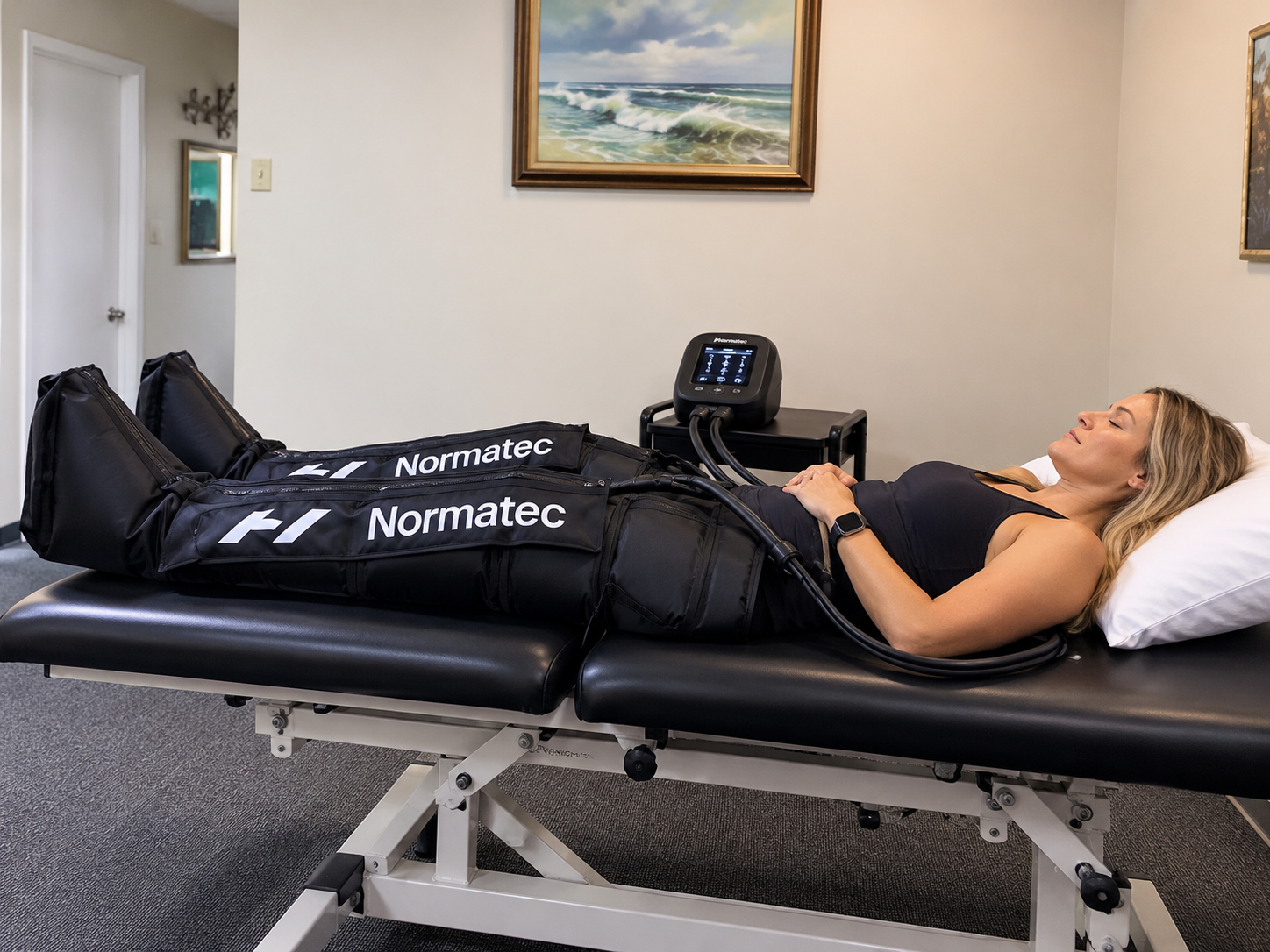 Normatec compression recovery session on a therapy table at Relief Chiropractic